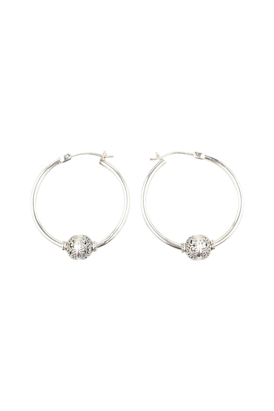 Ornate Bead Hoop Silver Earrings