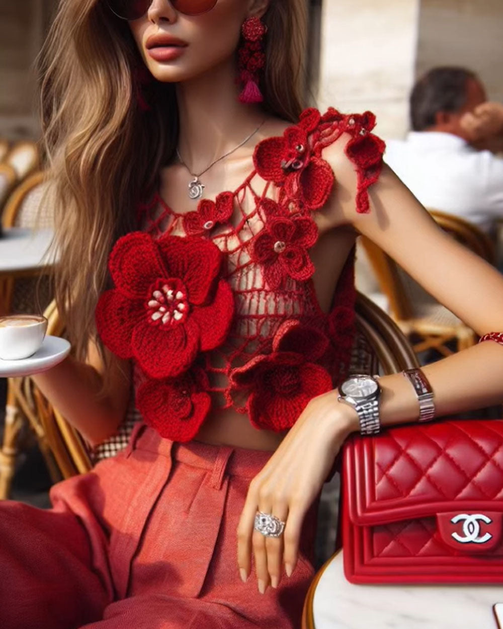 Red Crochet Floral Knitted Top