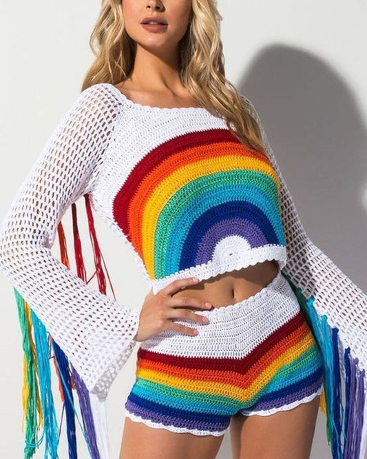 Rainbow Crochet Fringed Top and Shorts Two-Piece Set