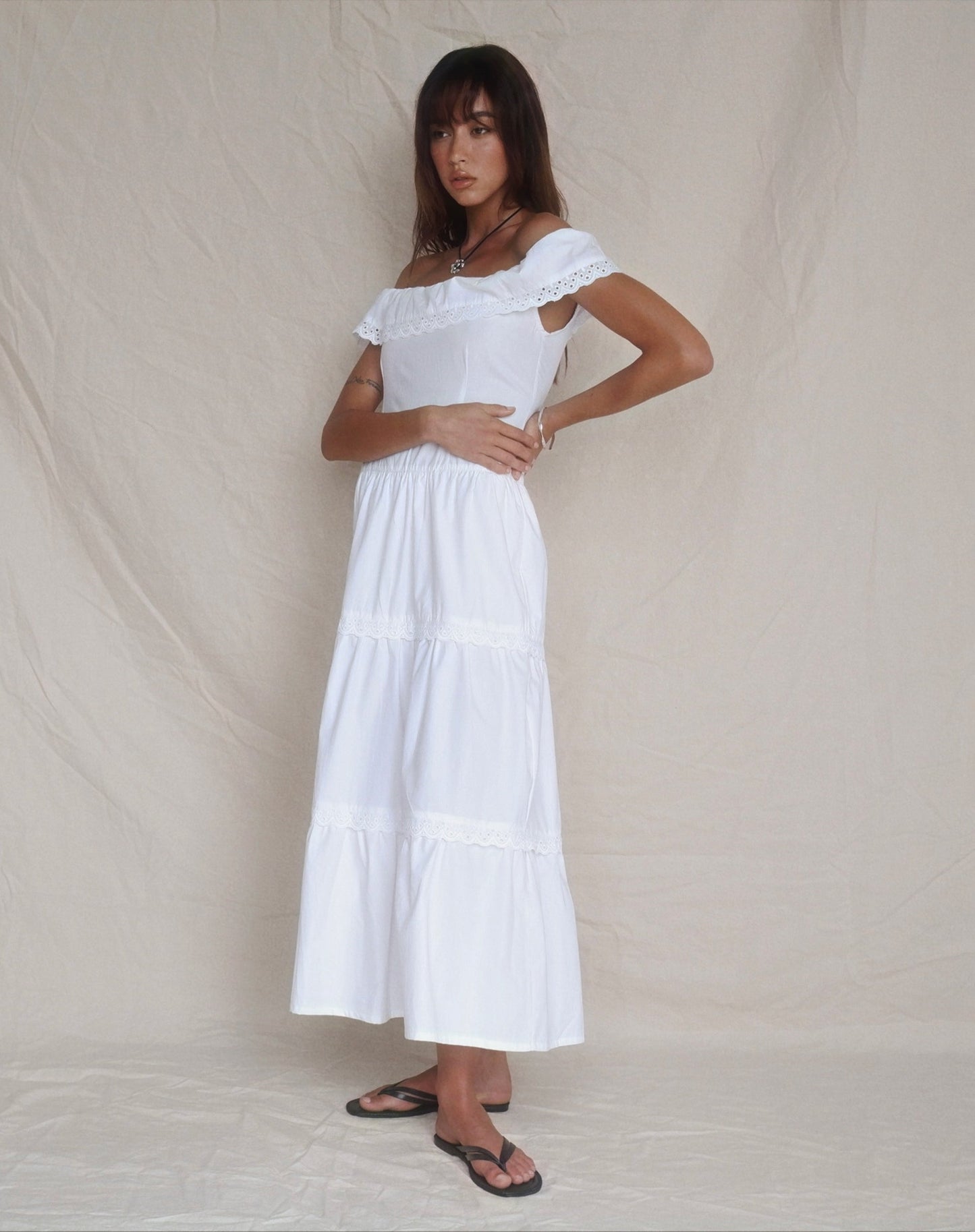 Helpa Tiered Bardot Maxi Dress in White