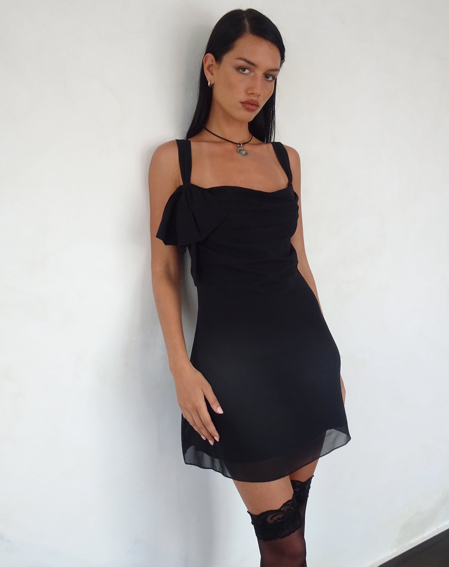Coraline Bow Mini Dress in Black Chiffon