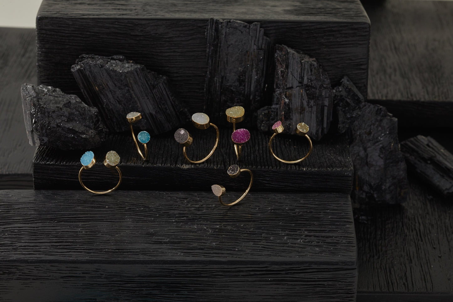 DOUBLE DRUSY ADJUSTABLE RING BLUE & WHITE