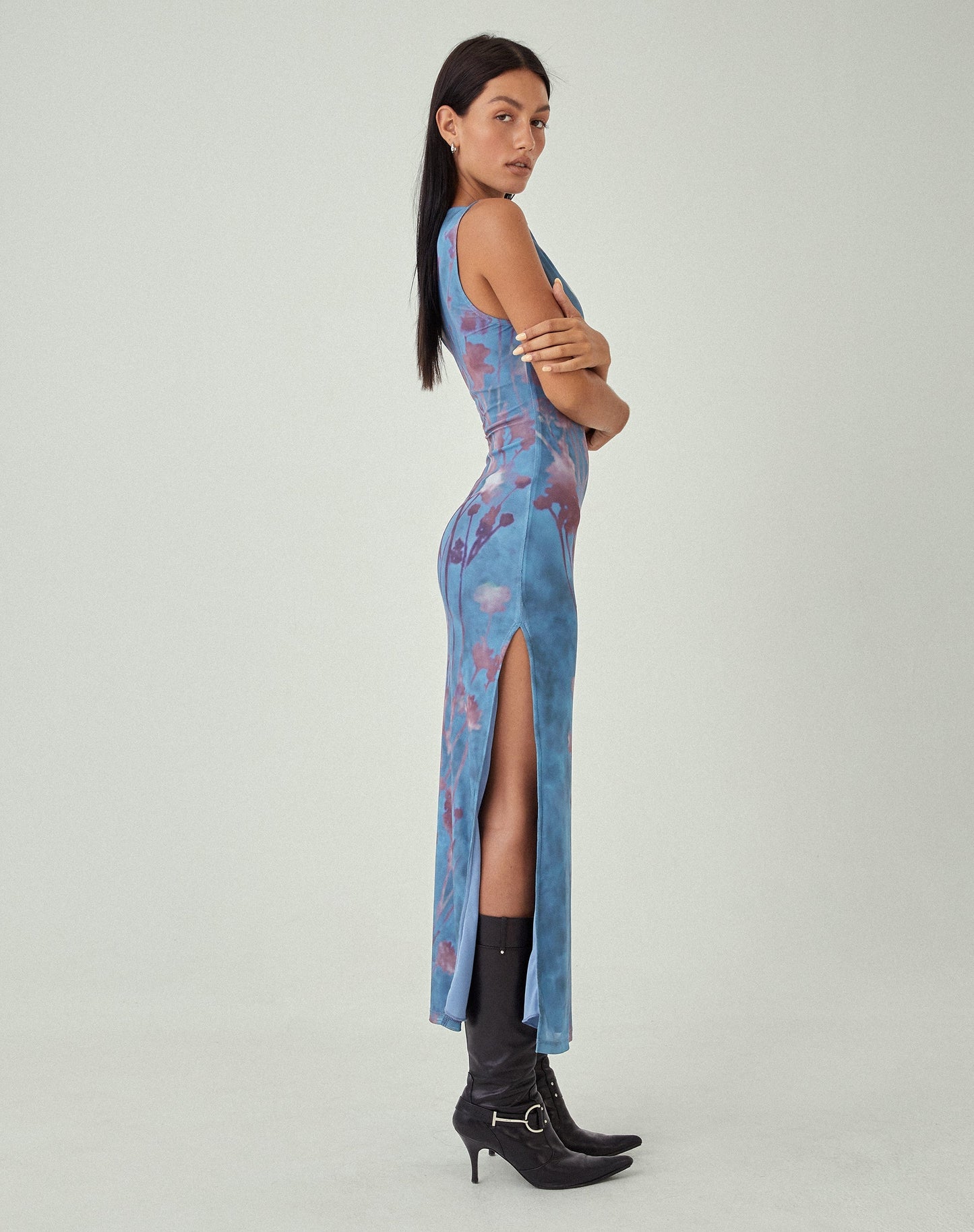 MOTEL X JACQUIE Flo Midi Dress in Lumen Mesh Blue
