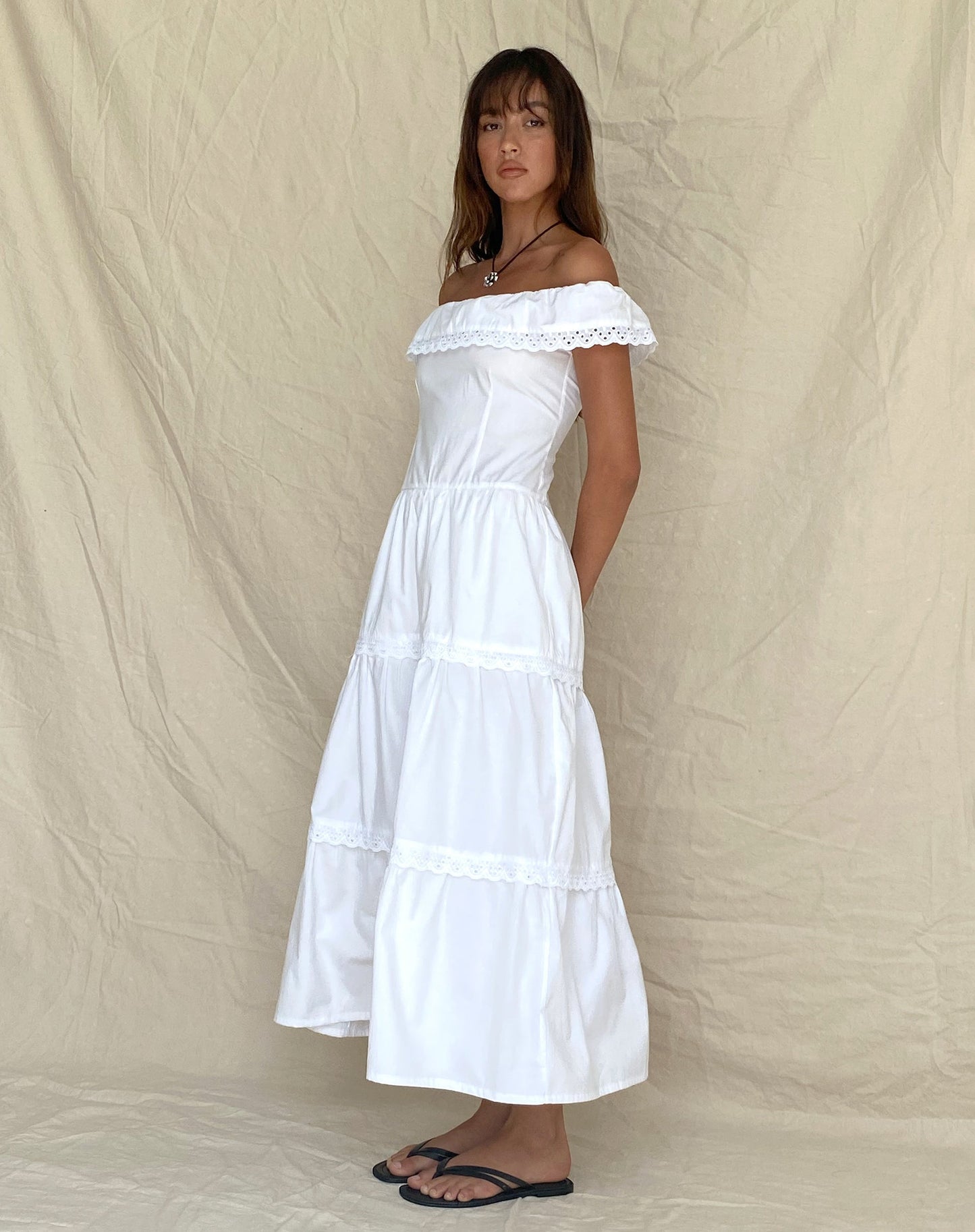 Helpa Tiered Bardot Maxi Dress in White