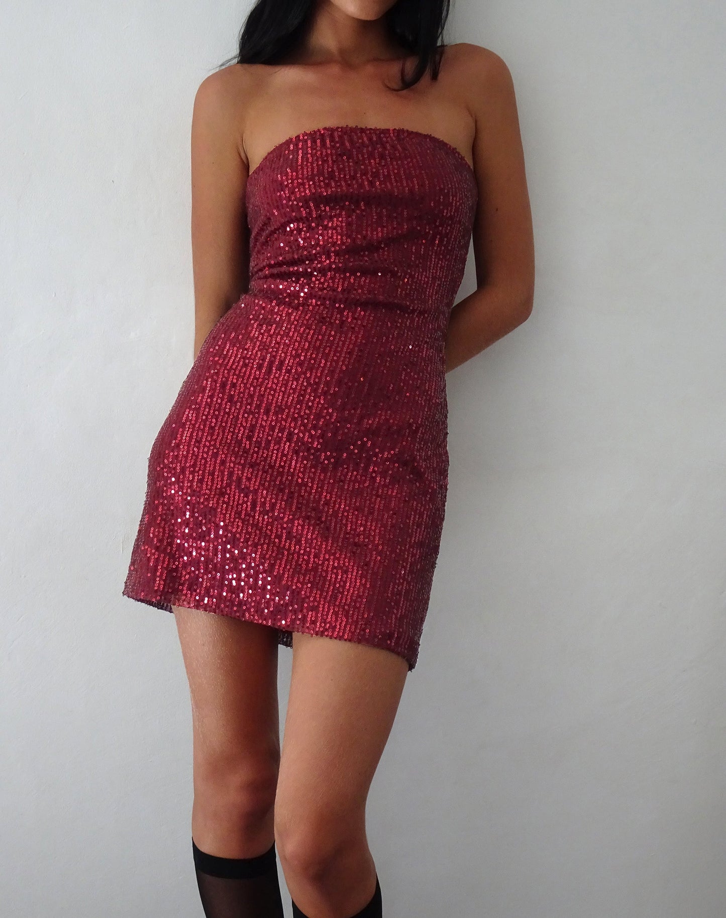 Jeriah Bandeau Mini Dress in Drape Sequin Maroon