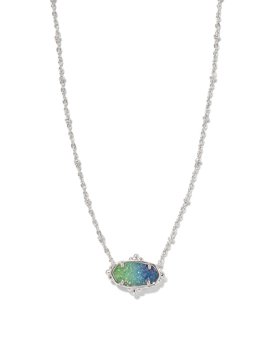 KENDRA SCOTT- Elisa Rhodium Petal Framed Short Pendant Necklace in Aqua Ombre Drusy