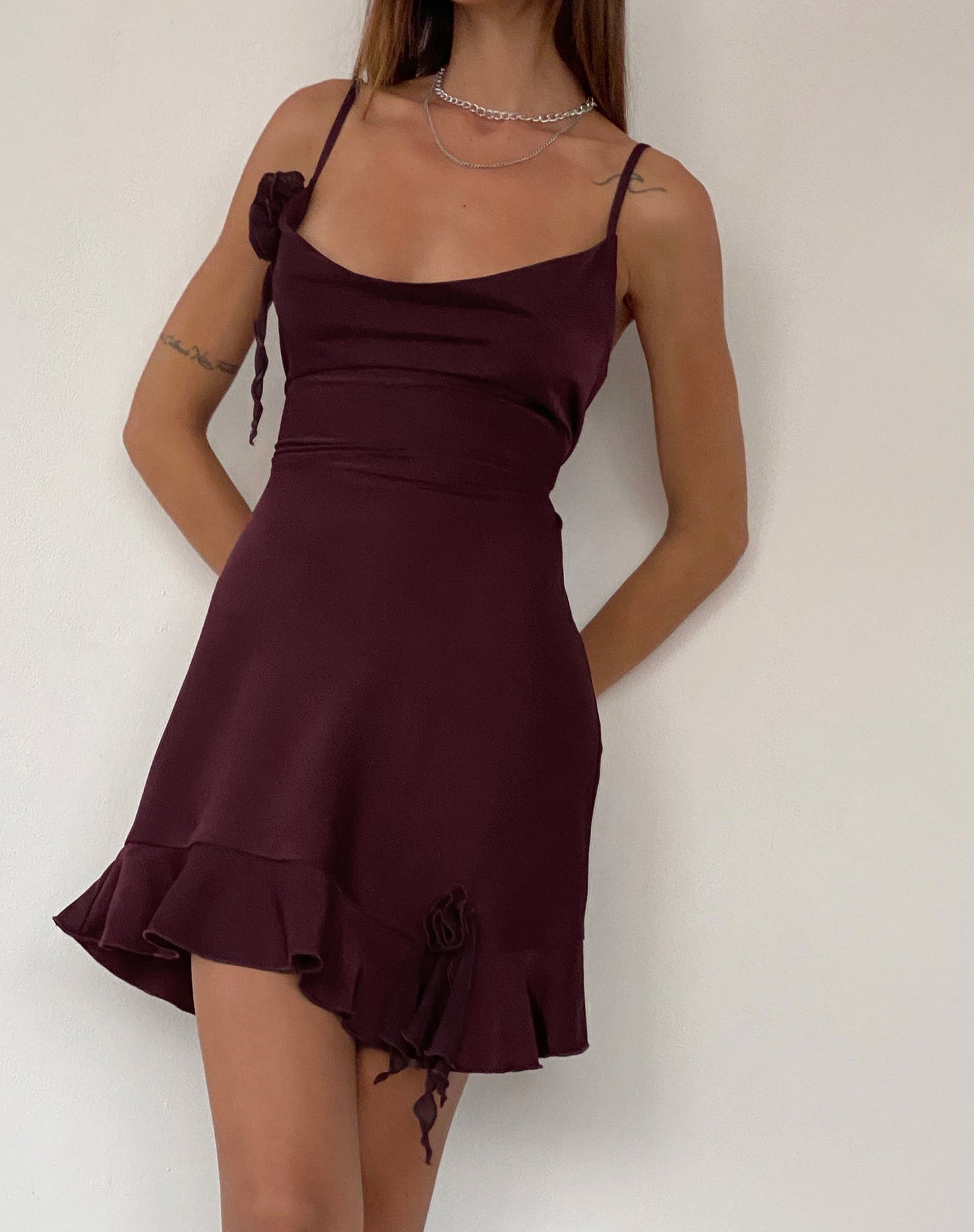 Litera Ruffle Mini Dress in Deep Plum with Rosette