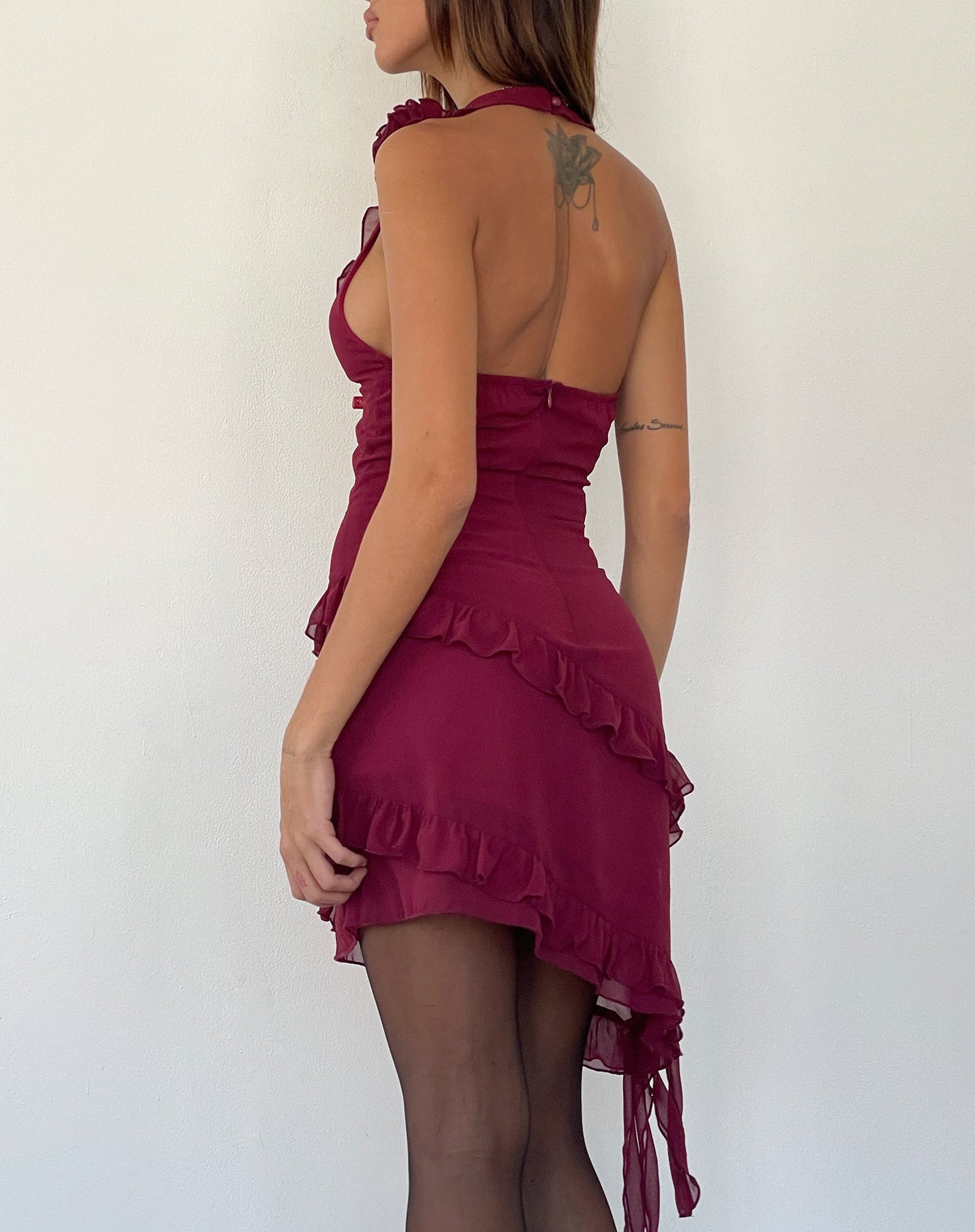 Margaret Ruffle Mini Dress in Plum Chiffon with Rosette