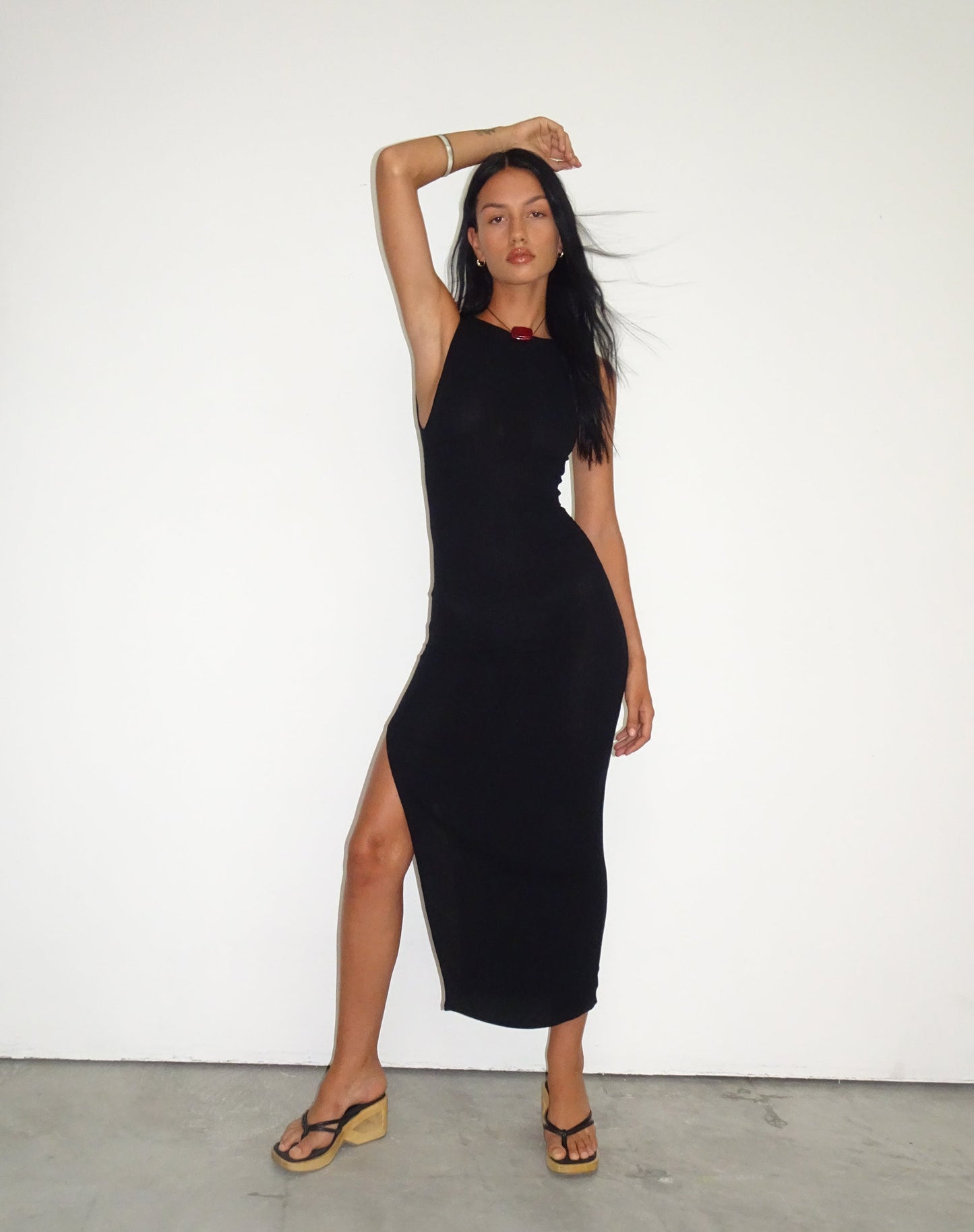 Minyo Racer Neck Maxi Dress in Crinkle Black