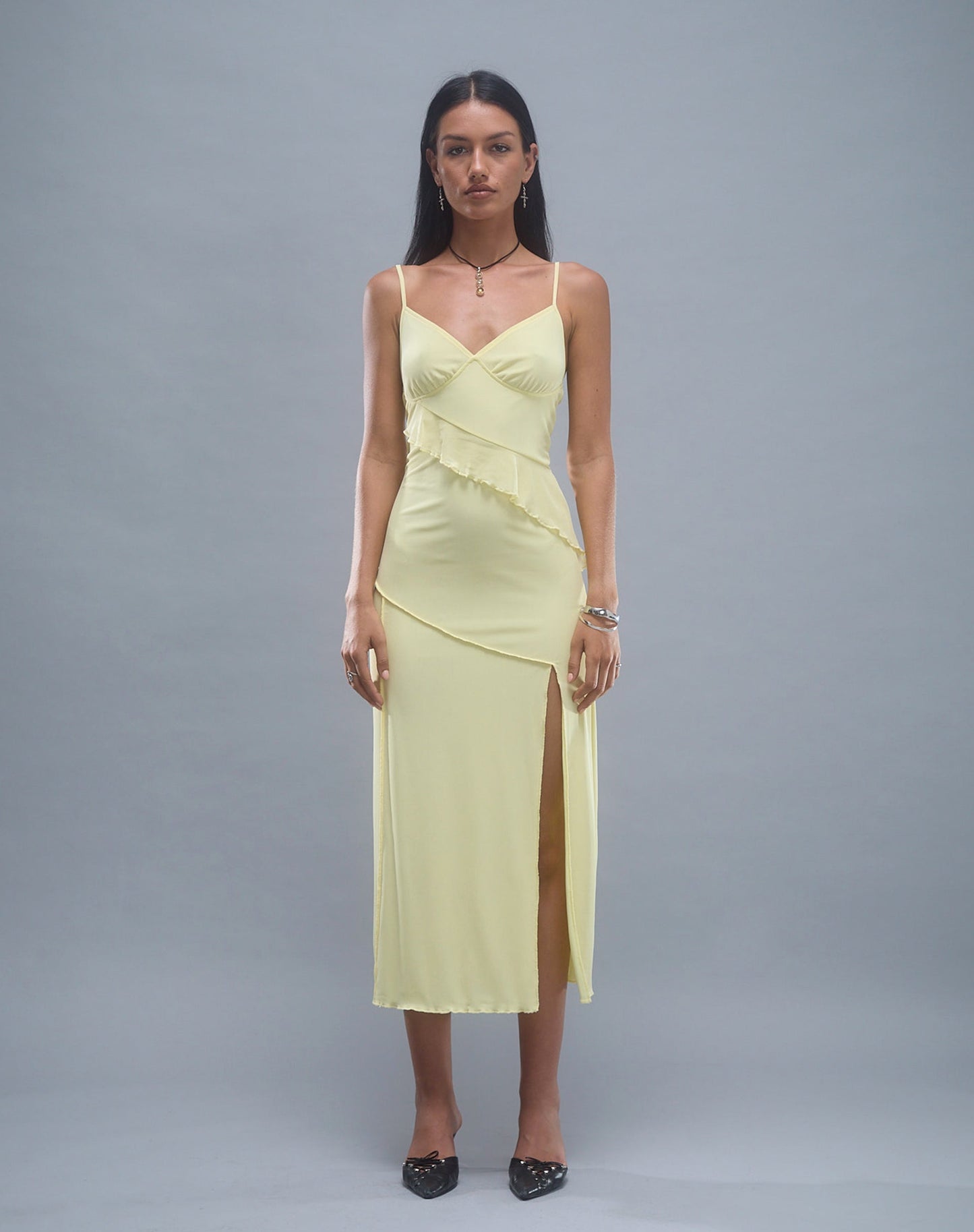 Jacy Ruffle Midi Dress in Mesh Lemon