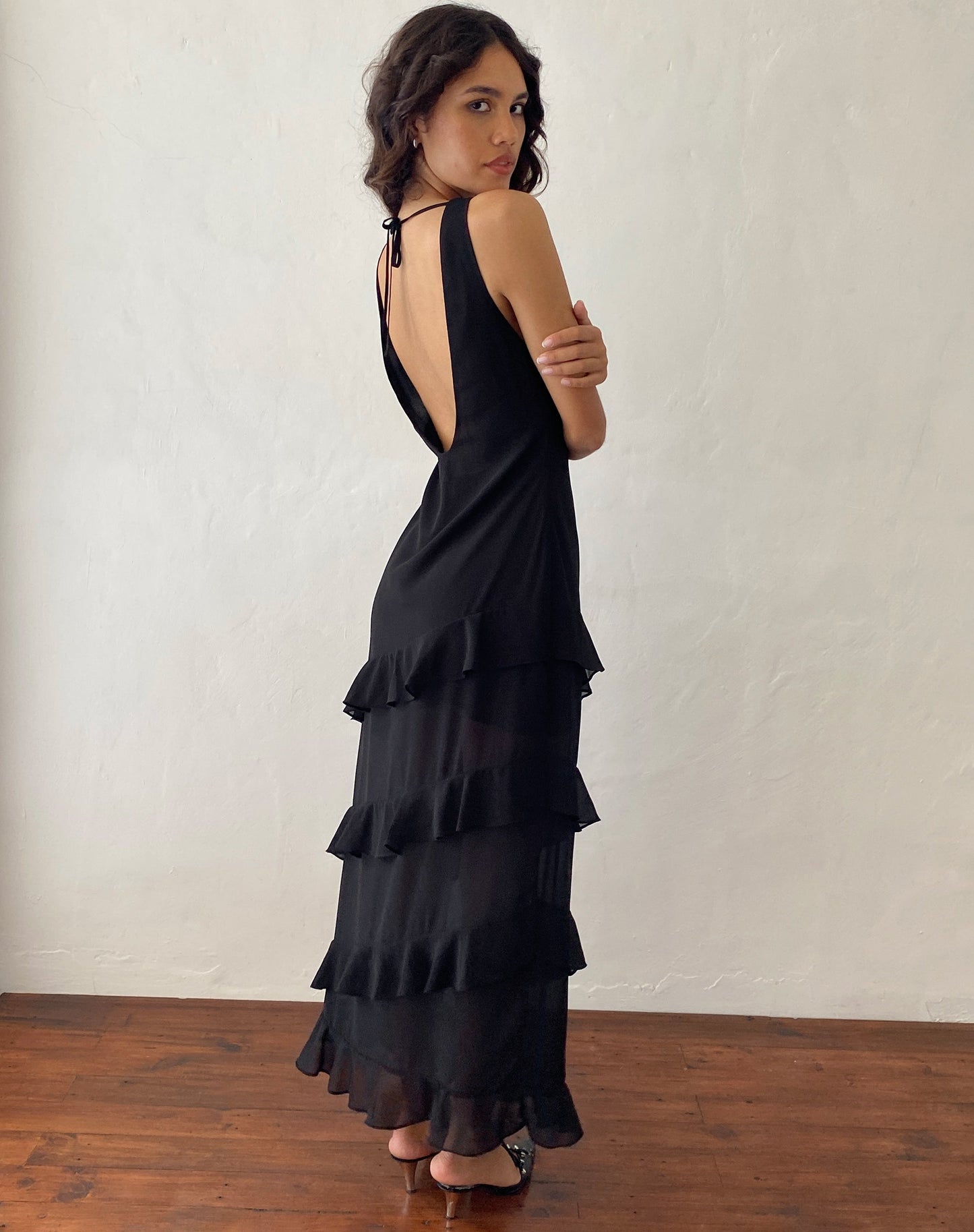 Otna Ruffle Detail Chiffon Maxi Dress in Black