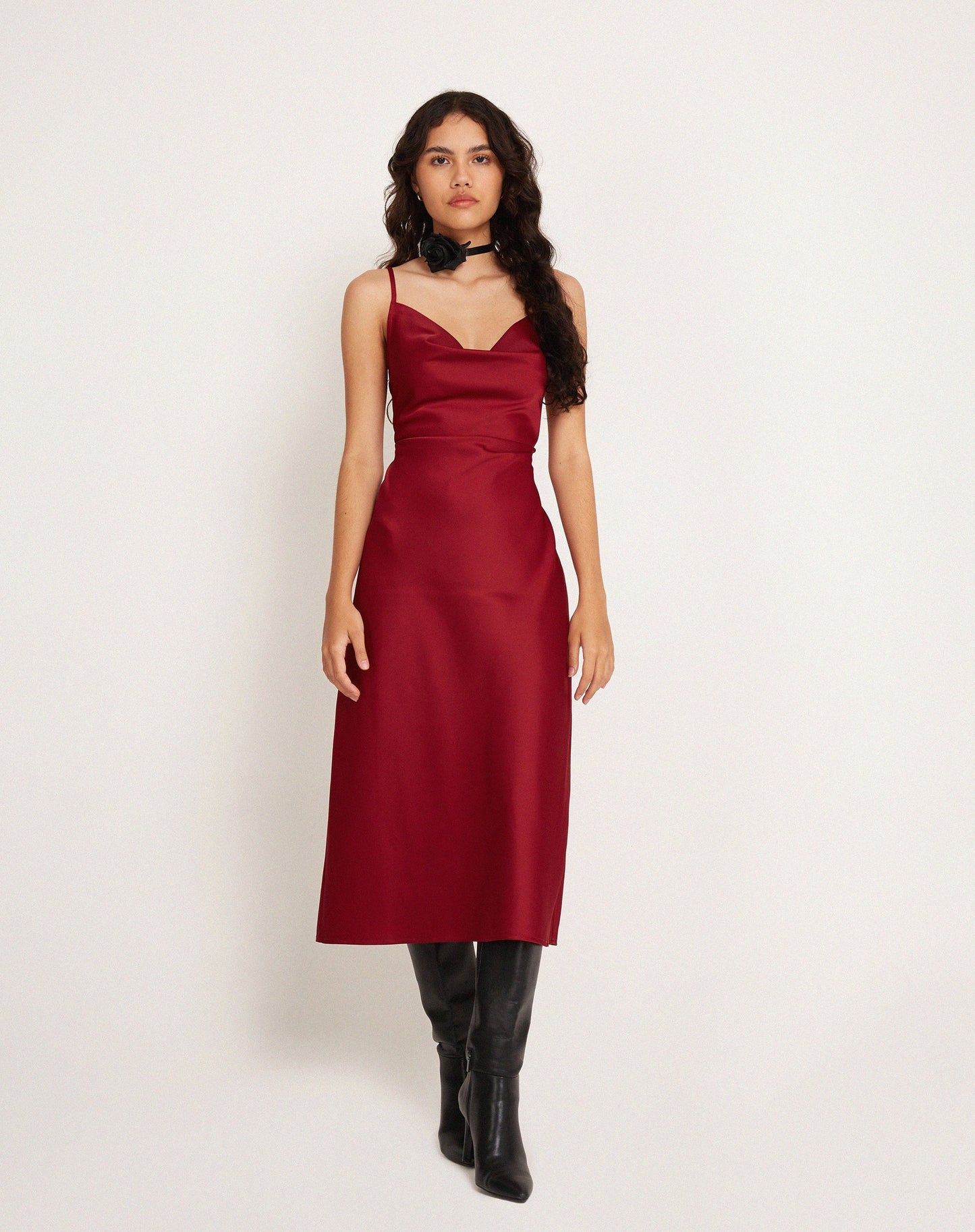 Palasha Midi Dress in Satin Red
