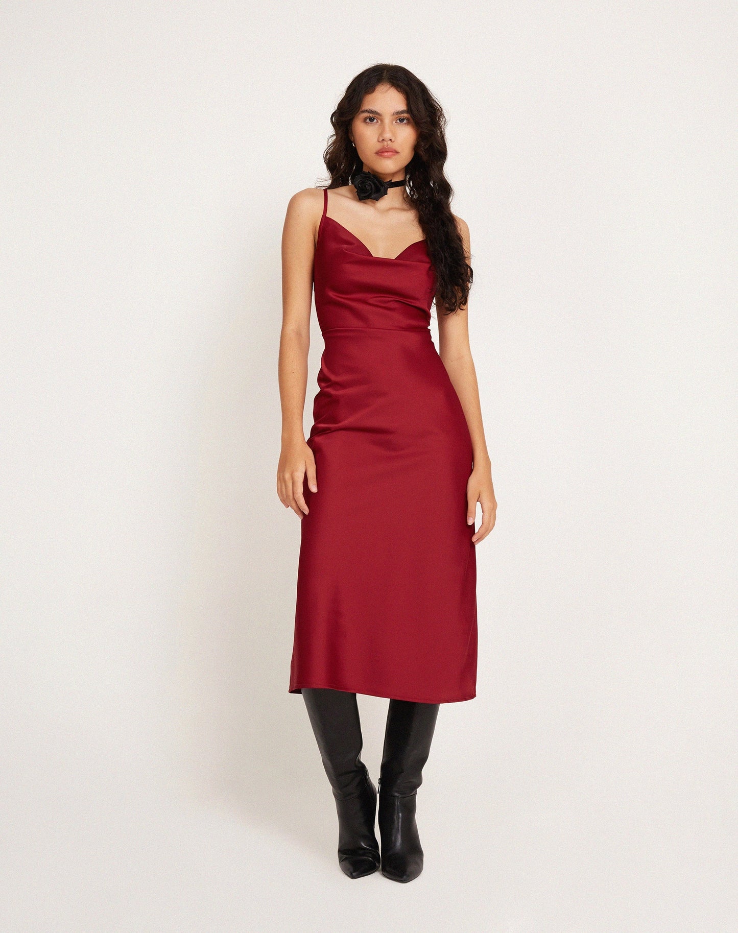 Palasha Midi Dress in Satin Red