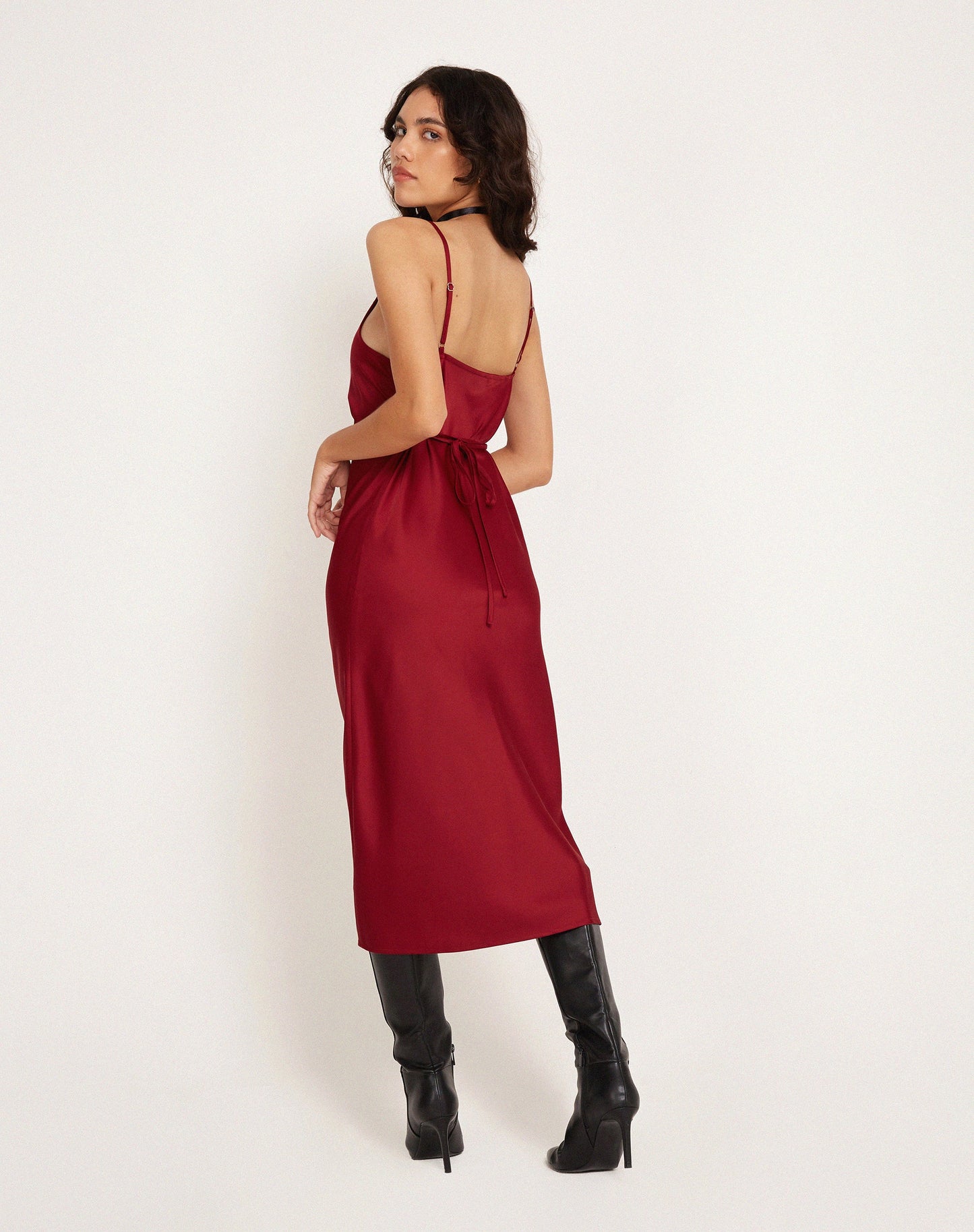 Palasha Midi Dress in Satin Red