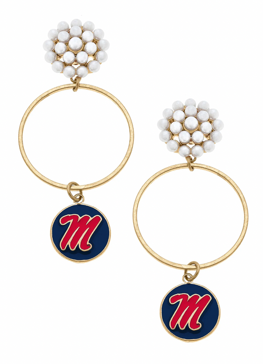 Ole Miss Rebels Pearl Cluster Enamel Hoop Earrings