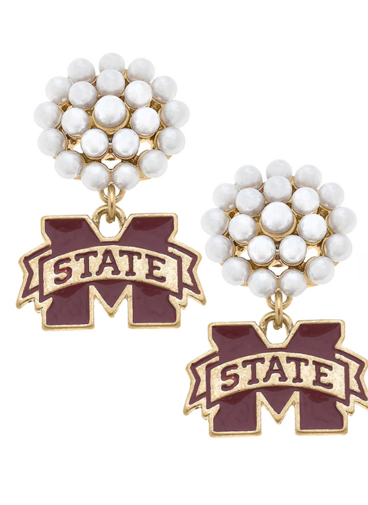 Mississippi State Pearl Cluster Drop Earrings