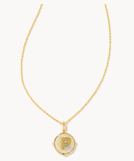 KENDRA SCOTT- Letter P Gold Disc Reversible Pendant Necklace in Iridescent Abalone