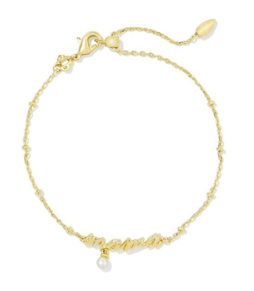 KENDRA SCOTT- Mama Gold Script Delicate Chain Bracelet in White Pearl