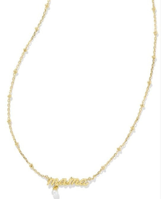 KENDRA SCOTT- Mama Gold Script Pendant Necklace in White Pearl