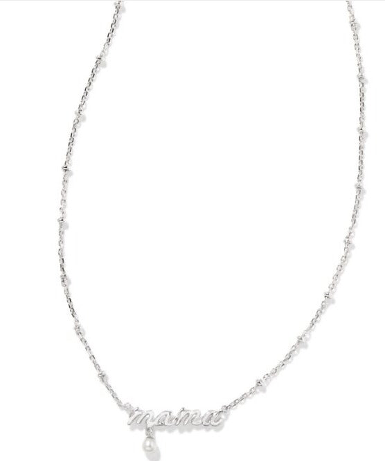 KENDRA SCOTT- Mama Rhodium Script Pendant Necklace in White Pearl