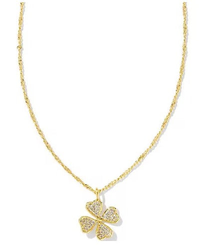 KENDRA SCOTT- Clover Gold Crystal Pendant Necklace in White Crystal