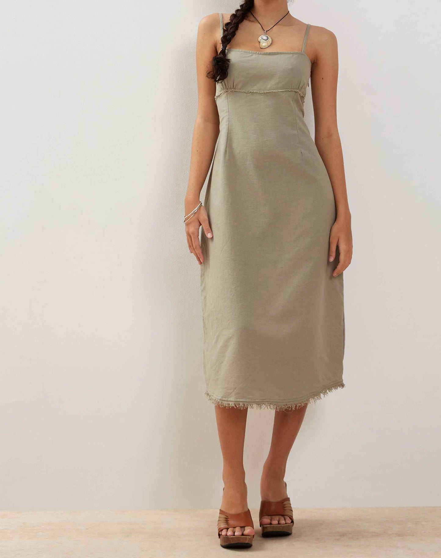Una Distressed Hem Midi Slip Dress in Slate Green Linen