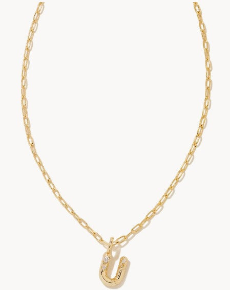 KENDRA SCOTT- Crystal Initial Letter Gold Short Pendant Necklace in White Crystal