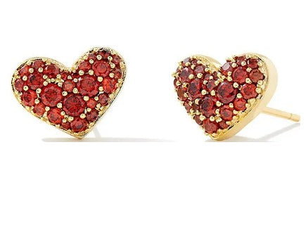KENDRA SCOTT- Ari Gold Pave Crystal Heart Stud Earrings in Red Crystal