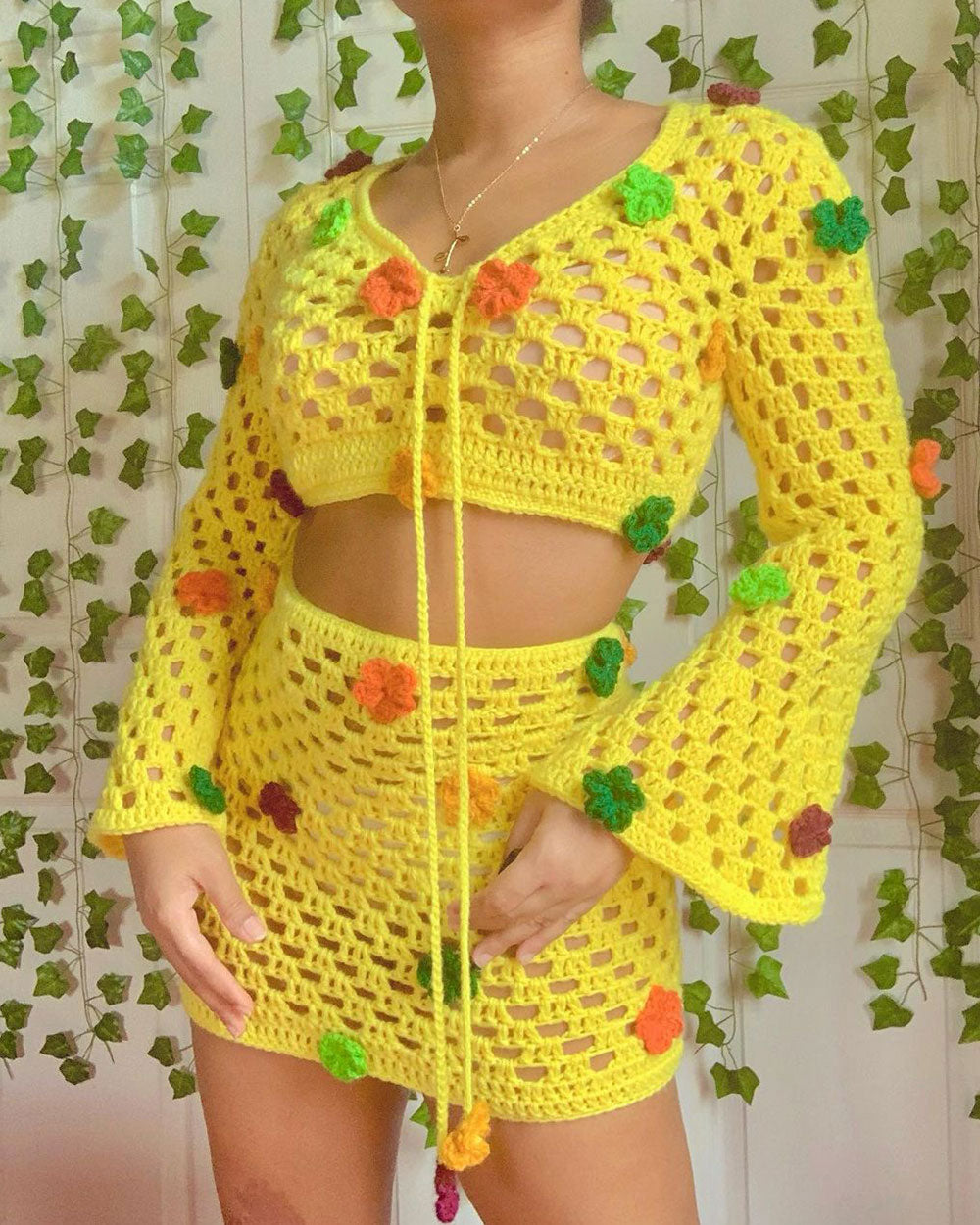 Vintage Crochet Floral Top and Mini Skirt Two-Piece Set