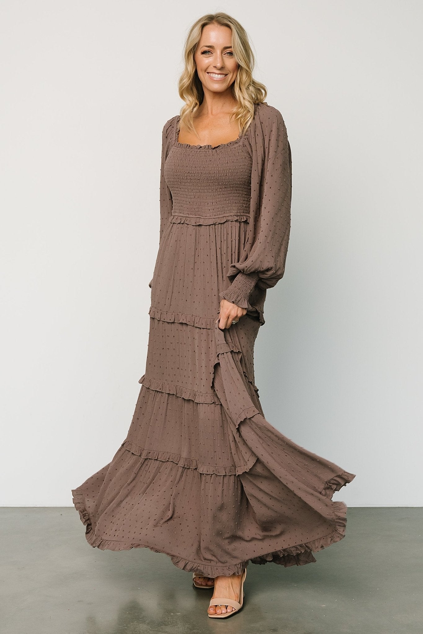 Amanda Smocked Dotted Maxi Dress | Brown - Baltic Born