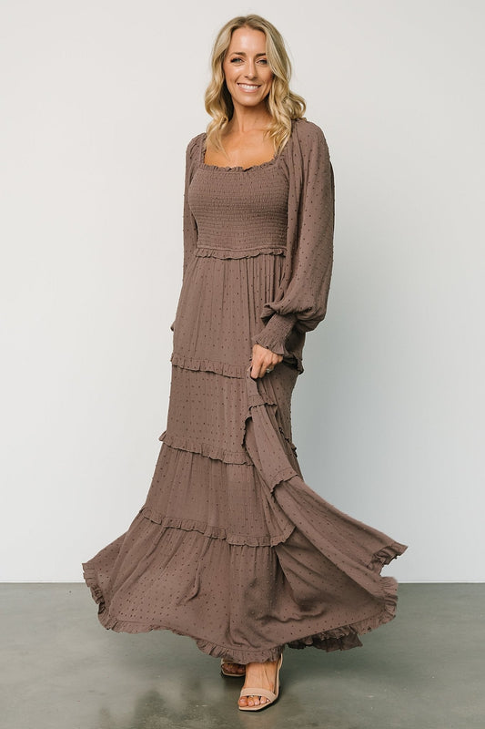 Amanda Smocked Dotted Maxi Dress | Brown - Baltic Born