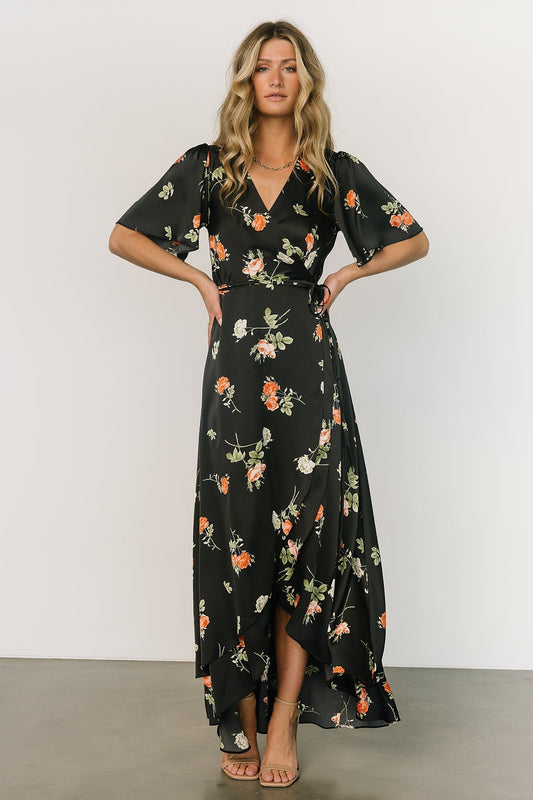 Amara Wrap Dress | Black + Coral Floral - Baltic Born