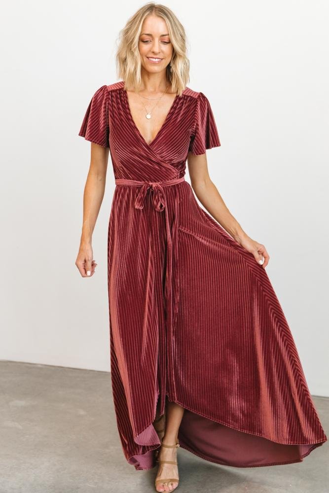 Andi Ribbed Velvet Wrap Dress | Dark Rose - Baltic Born