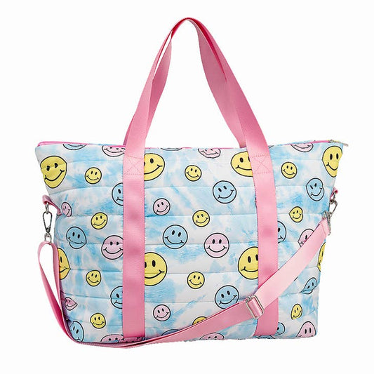 Top Trenz Inc. - Puffer Tote Bag - Happy Face Blue Tie Dye