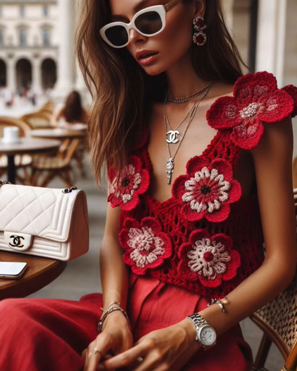 Red Crochet Floral Knitted Top
