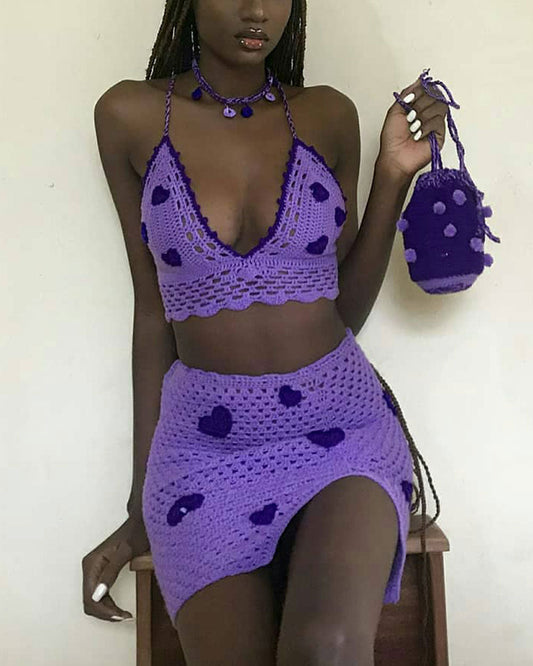 Bohemian Beach Love Crochet Halter Top and Mini Skirt Two-Piece Set