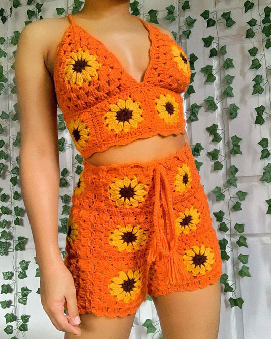 Vintage Crochet Floral Halter Top and Shorts Two-Piece Set