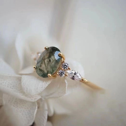 Green Quartz Rutilated Diamond Ring Copper Material