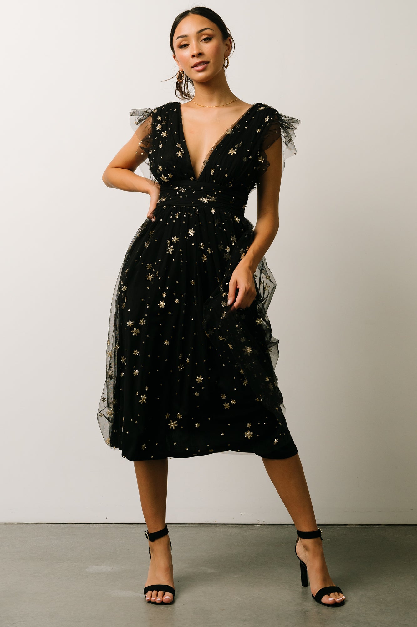 Chiara Shimmer Midi Dress | Black + Gold - Baltic Born