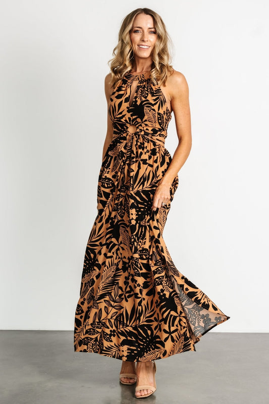 Denise Halter Maxi Dress | Camel + Black Print - Baltic Born