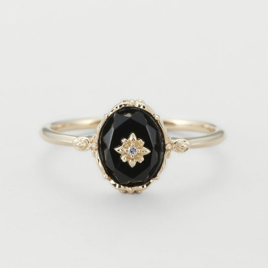 Natural Black Agate Flower Cut Ring