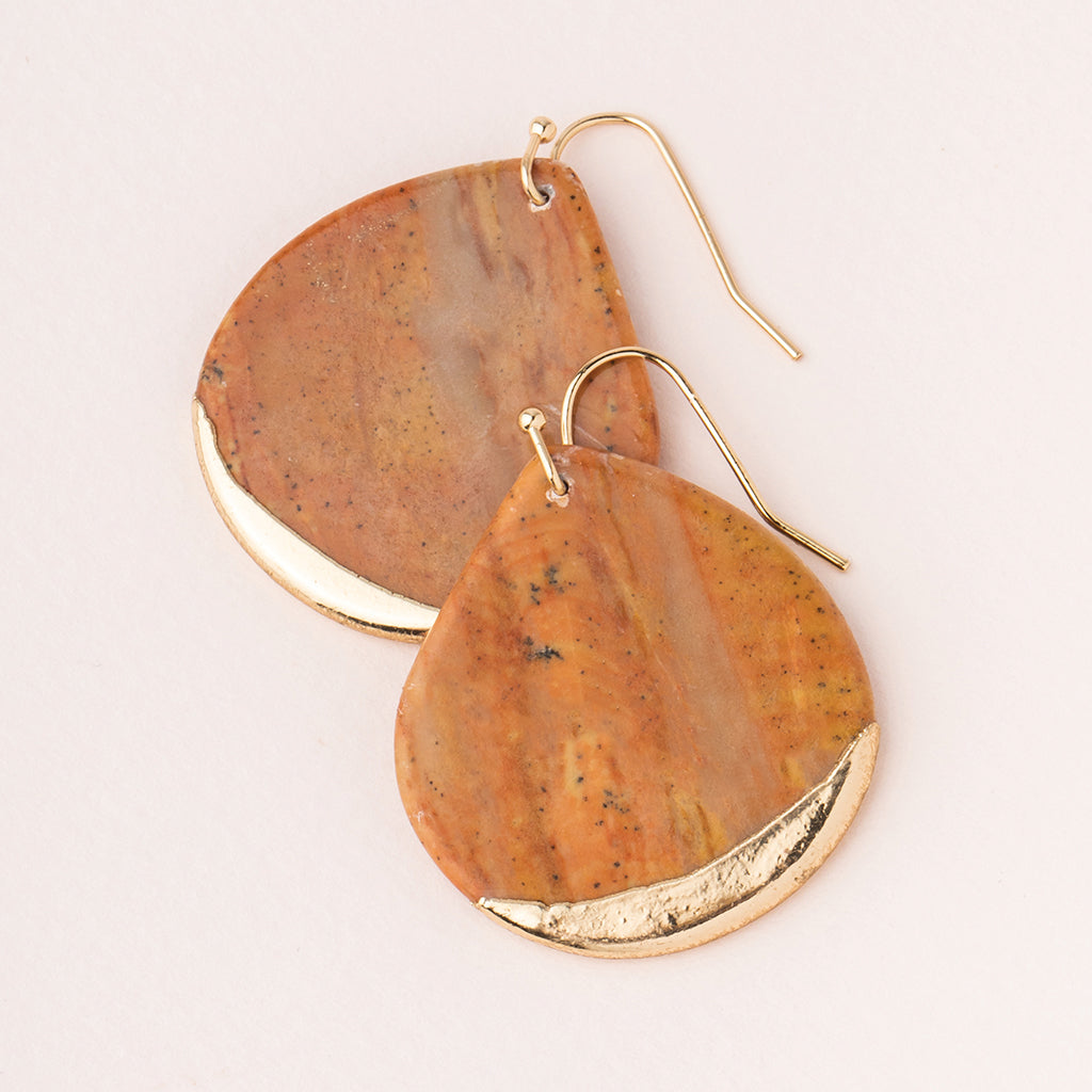 STONE DIPPED TEARDROP EARRING - PETRIFIED WOOD & GOLD