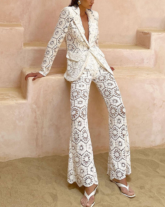 Embroidered Lace Blazer and Pants Two-Piece Set