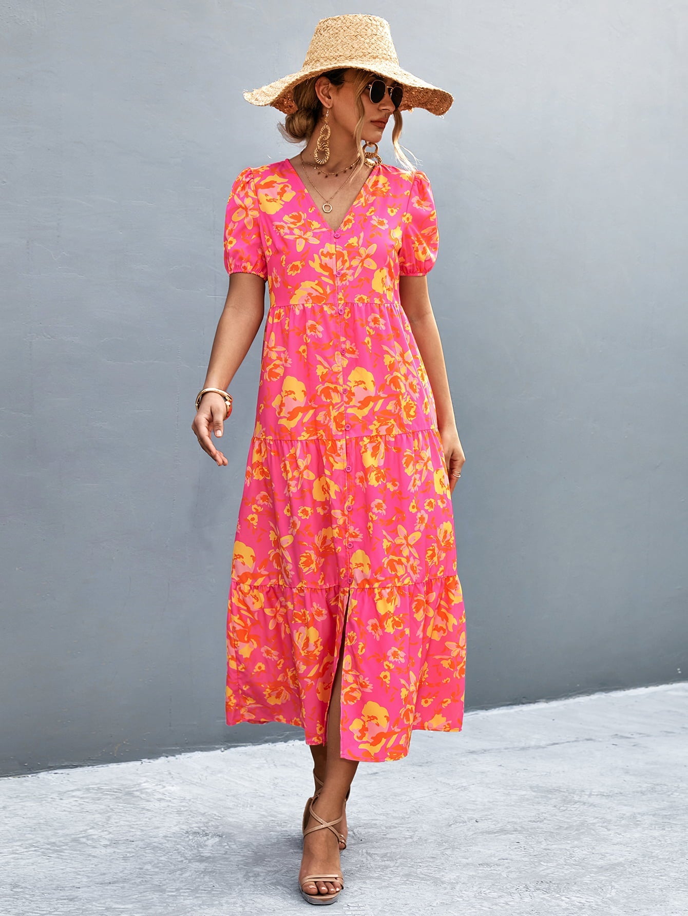 Hazel Blues® |  V-Neck Short Sleeve High Slit Midi Dress