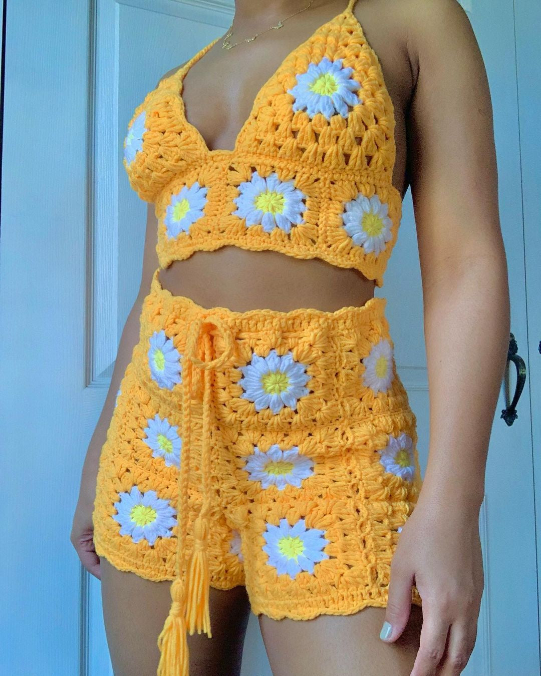 Vintage Crochet Floral Halter Top and Shorts Two-Piece Set