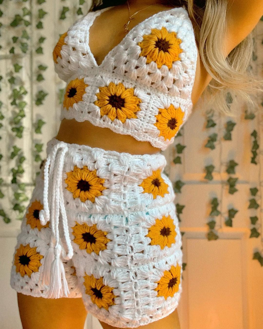 Vintage Crochet Floral Halter Top and Shorts Two-Piece Set