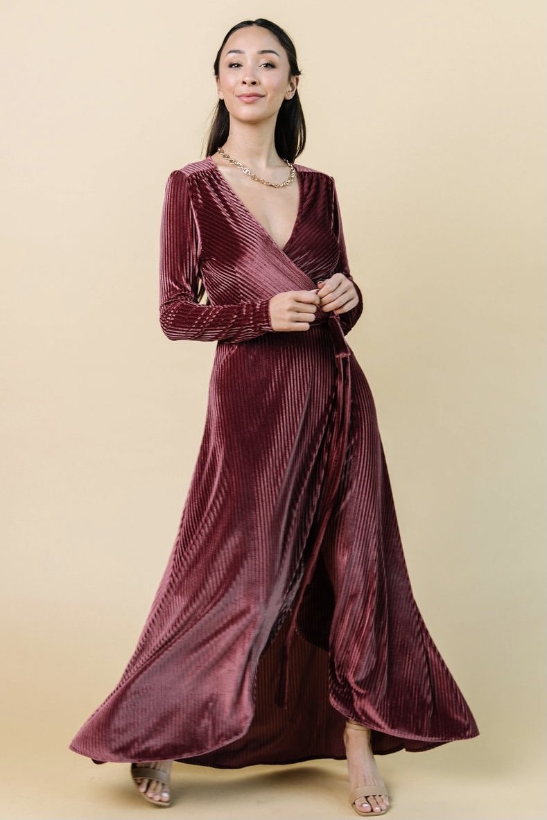 Jada Ribbed Velvet Wrap Dress | Dark Rose - Baltic Born