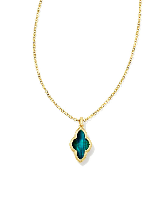 KENDRA SCOTT- Framed Abbie Gold Short Pendant Necklace in Teal Tigers Eye