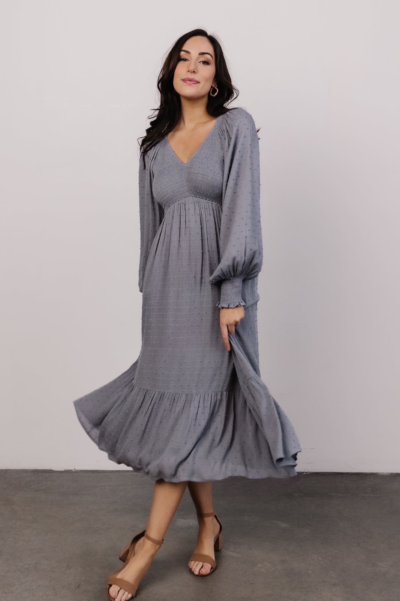 Lainey Smocked Dotted Midi Dress | Dusty Blue - Baltic Born