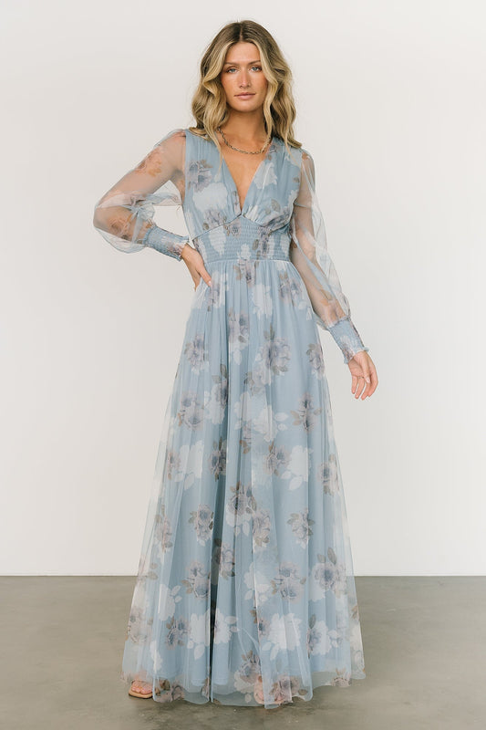 Layla Tulle Maxi Dress | Light Blue Floral - Baltic Born